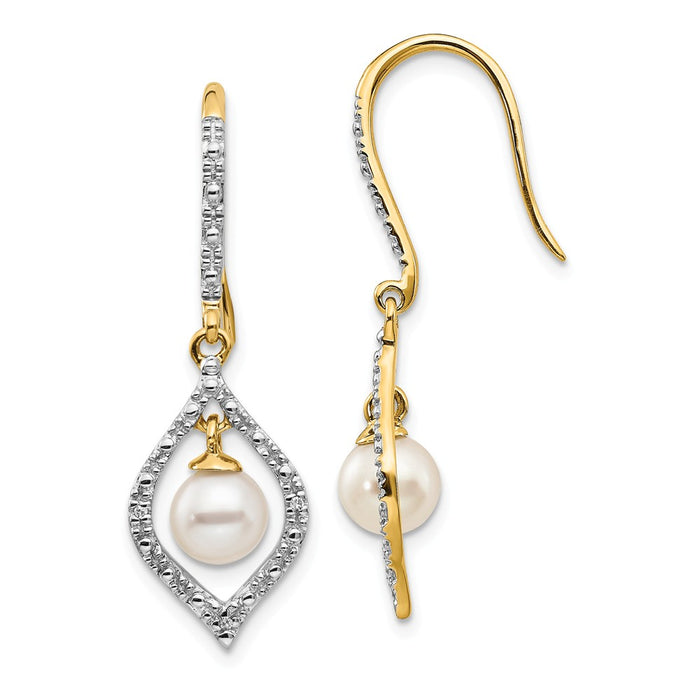 14k Yellow Gold 6-7mm White Round Freshwater Cultured Pearl .02ct. Diamond Dangle Earrings, 35mm x 11mm