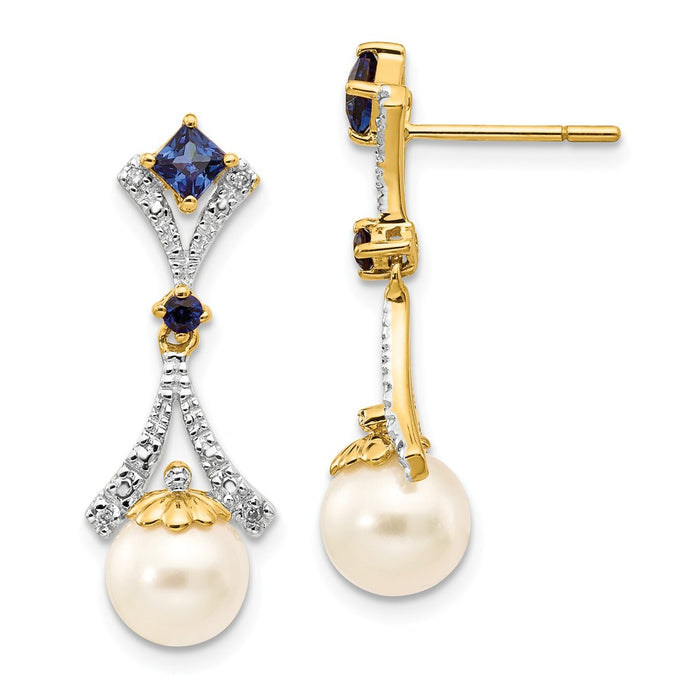 14k Yellow Gold 7-8mm Freshwater Cultured Pearl Created Sapphire Diamond Dangle Post Earrings, 26mm x 9mm