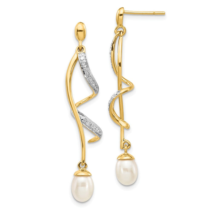 14k Yellow Gold 7x5mm White Teardrop Freshwater Cultured Pearl .01ct Diamond Dangle Earrings, 42mm x 7mm