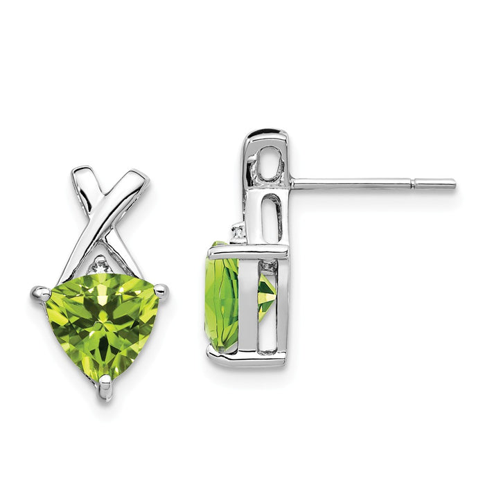 Million Charms 14k White Gold Peridot and White Topaz Trillion Post Earrings, 15mm x 8mm