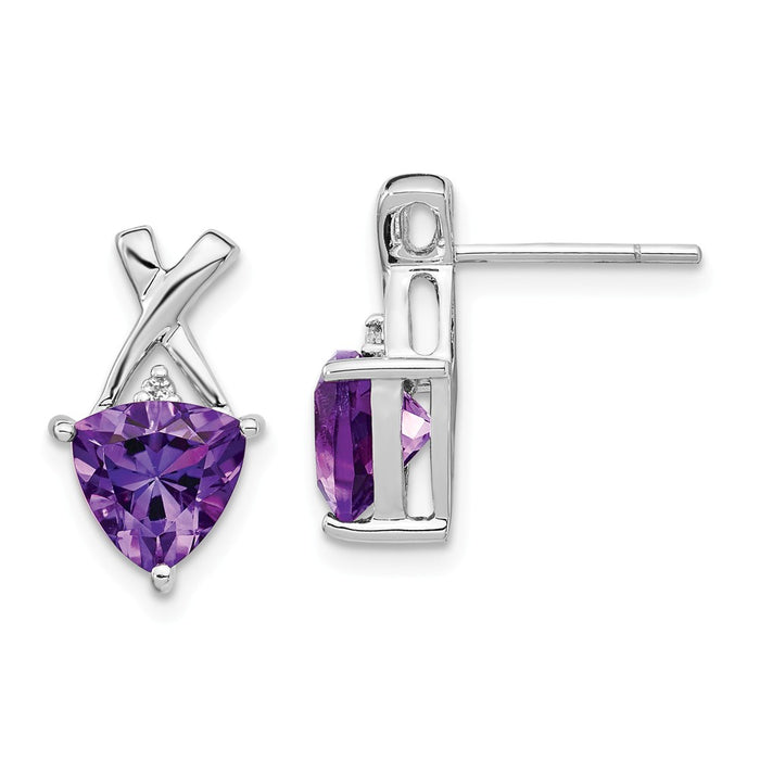 Million Charms 14k White Gold Amethyst and White Topaz Trillion Post Earrings, 14mm x 8mm