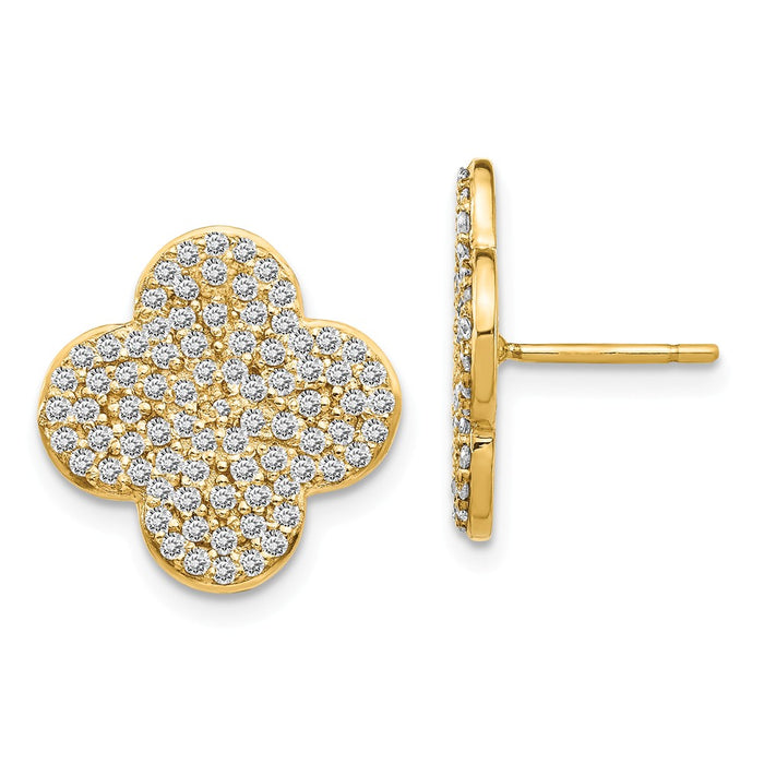 Million Charms 14k Yellow Gold Diamond Quatrefoil Design Post Earrings, 15mm x 15mm