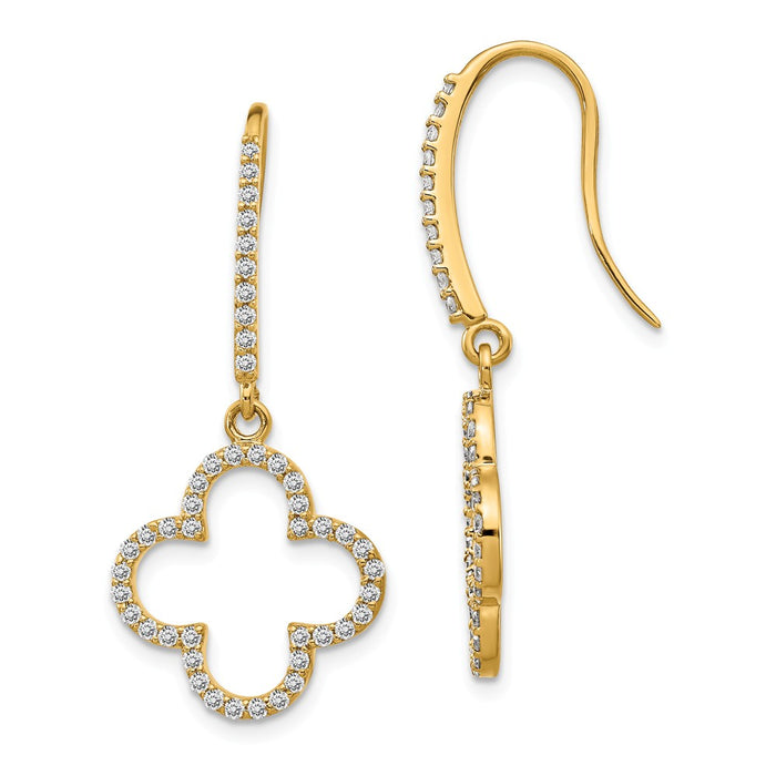 Million Charms 14k Yellow Gold Diamond Quatrefoil Design Dangle Earrings, 34mm x 15mm