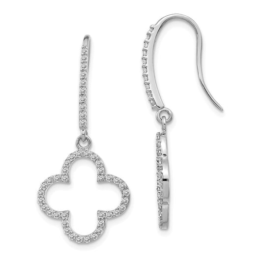 Million Charms 14k White Gold Diamond Quatrefoil Design Dangle Earrings, 34mm x 15mm