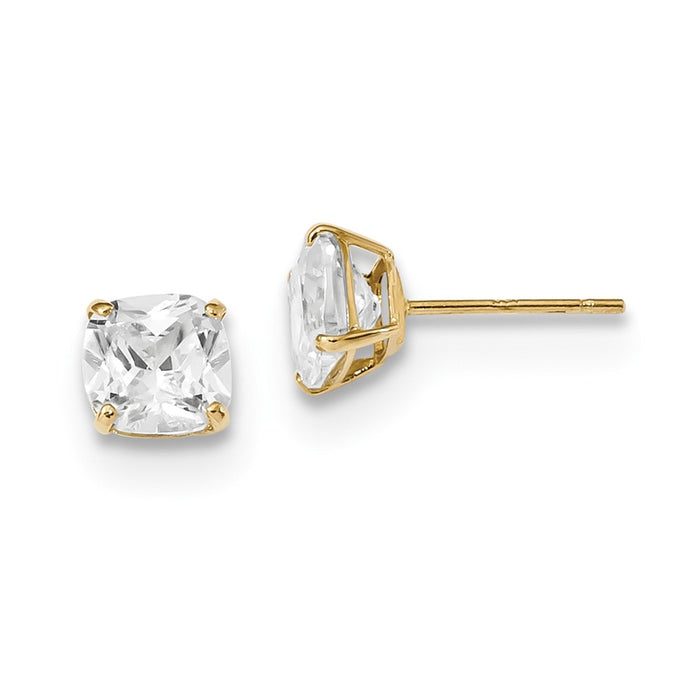 Million Charms 14k Yellow Gold Polished 6x6 Cushion Cut Cubic Zirconia ( CZ ) Stud Post Earrings, 6mm x 6mm