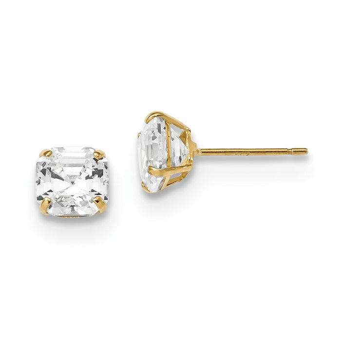 Million Charms 14k Yellow Gold Polished 6x6 Asscher Cut Cubic Zirconia ( CZ ) Studs Post Earrings, 6mm x 6mm
