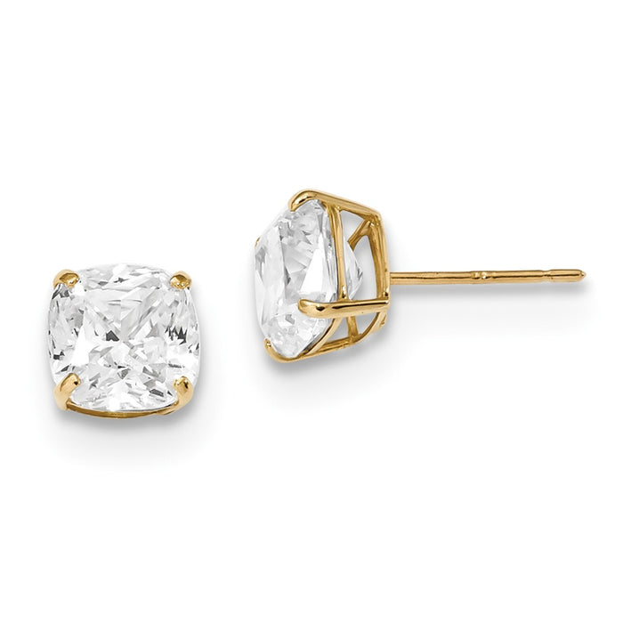 Million Charms 14k Yellow Gold Polished 7x7 Cushion Cut Cubic Zirconia ( CZ ) Studs Post Earrings, 7mm x 7mm