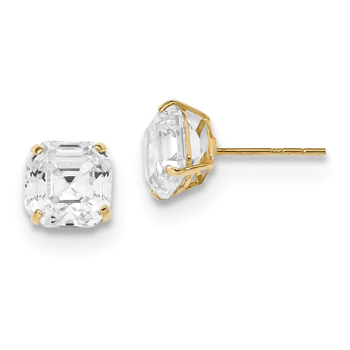 Million Charms 14k Yellow Gold Polished 7x7 Asscher Cut Cubic Zirconia ( CZ ) Studs Post Earrings, 7mm x 7mm