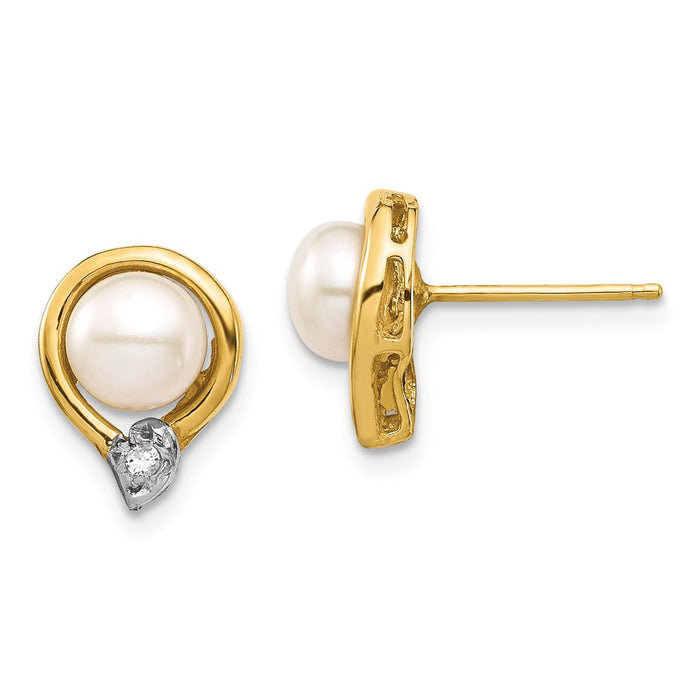 14k Yellow Gold 5-6mm White Button Freshwater Cultured Pearl .02ct Diamond Post Earrings, 10.48mm x 8.23mm