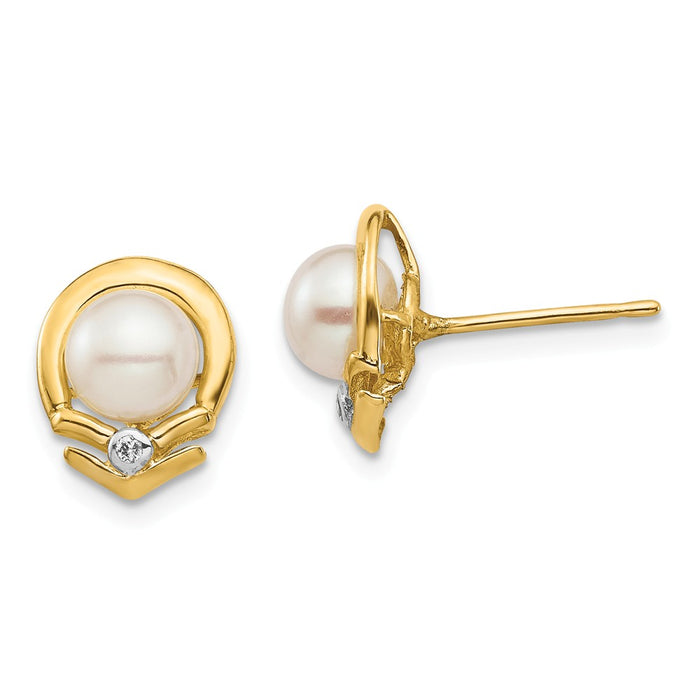 14k Yellow Gold 5-6mm White Button Freshwater Cultured Pearl .02ct Diamond Post Earrings, 5 to 6mm