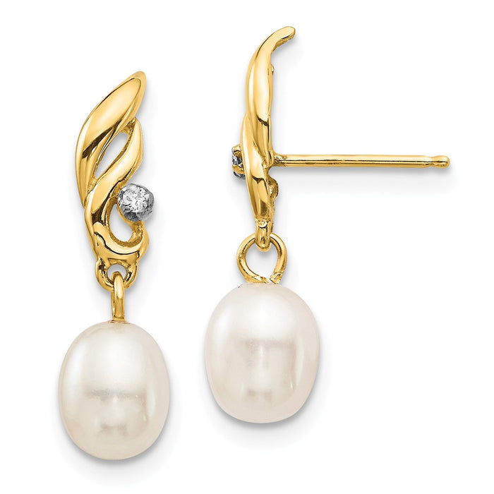 14k Yellow Gold 5-6mm White Rice Freshwater Cultured Pearl .02ct Diamond Dangle Earrings, 20mm x 5 to 6mm