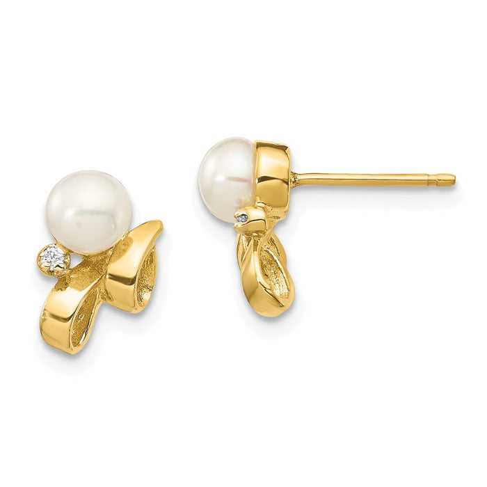 14k Yellow Gold 4-5mm White Button Freshwater Cultured Pearl .02ct Diamond Post Earrings, 4 to 5mm