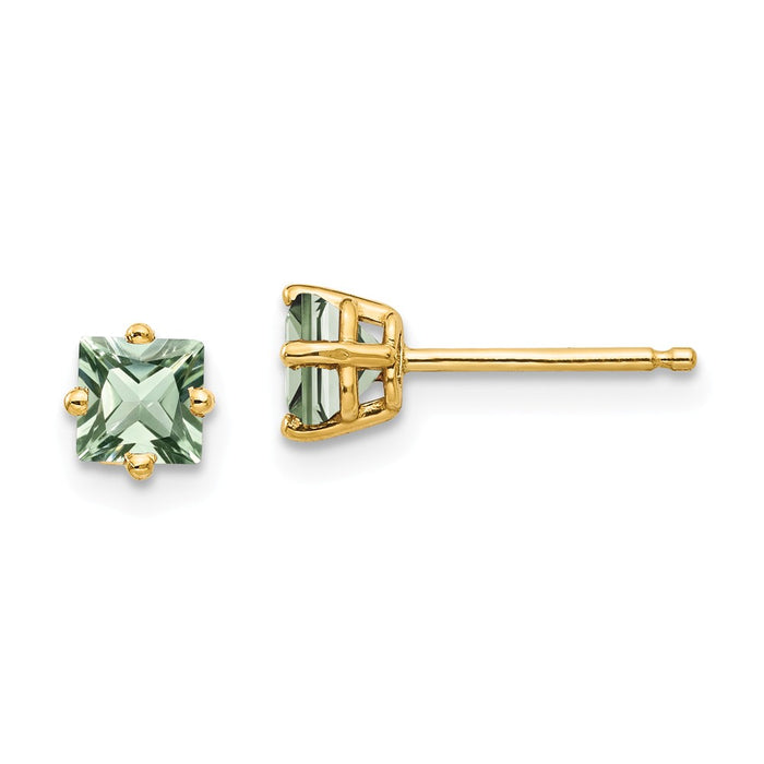 Million Charms 14k Yellow Gold 4mm Square Green Quartz Earrings, 5mm x 5mm