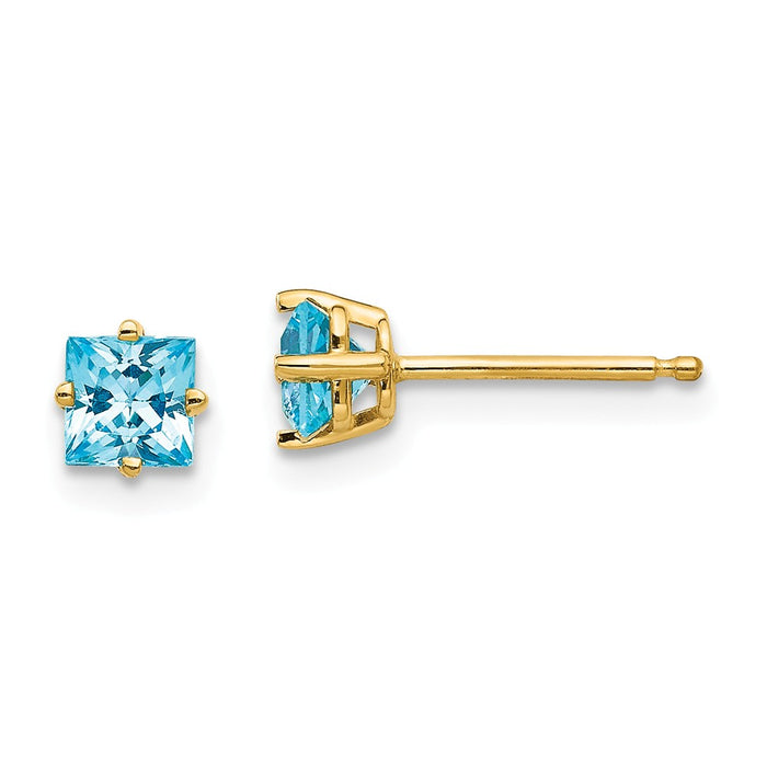 Million Charms 14k Yellow Gold 4mm Princess Cut Blue Topaz Earrings, 5mm x 5mm