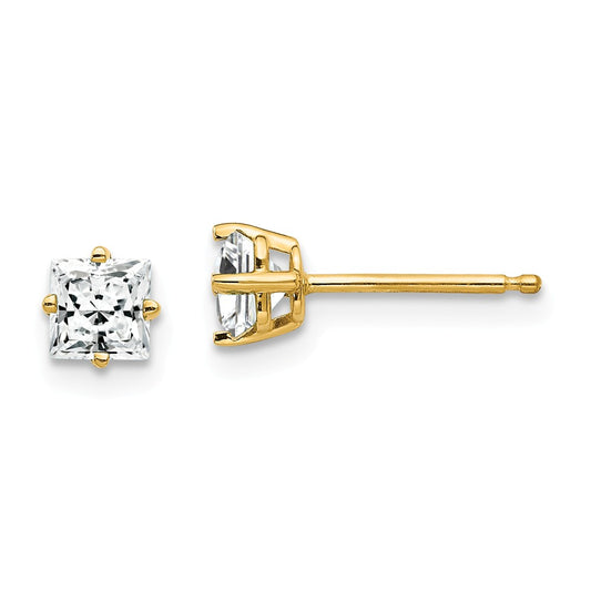 Million Charms 14k Yellow Gold 4mm Princess Cut Cubic Zirconia Earrings, 5mm x 5mm