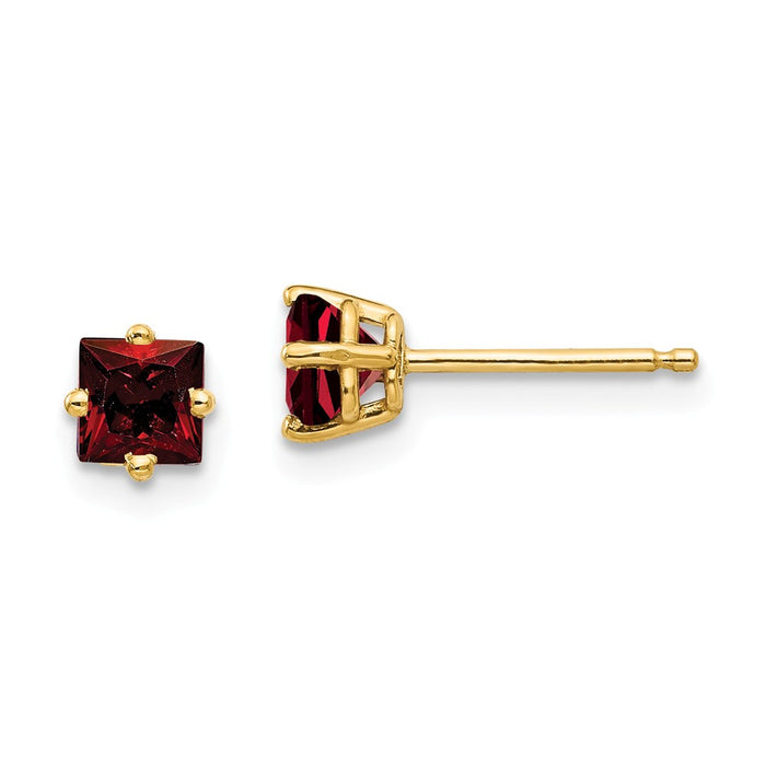 Million Charms 14k Yellow Gold 4mm Princess Cut Garnet Earrings, 5mm x 5mm