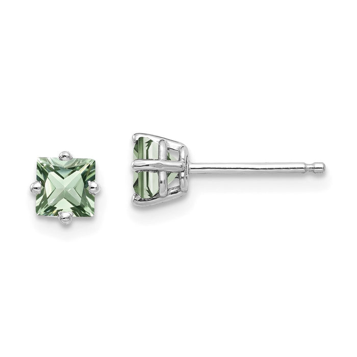 Million Charms 14k White Gold 4mm Square Green Quartz Earrings, 5mm x 5mm