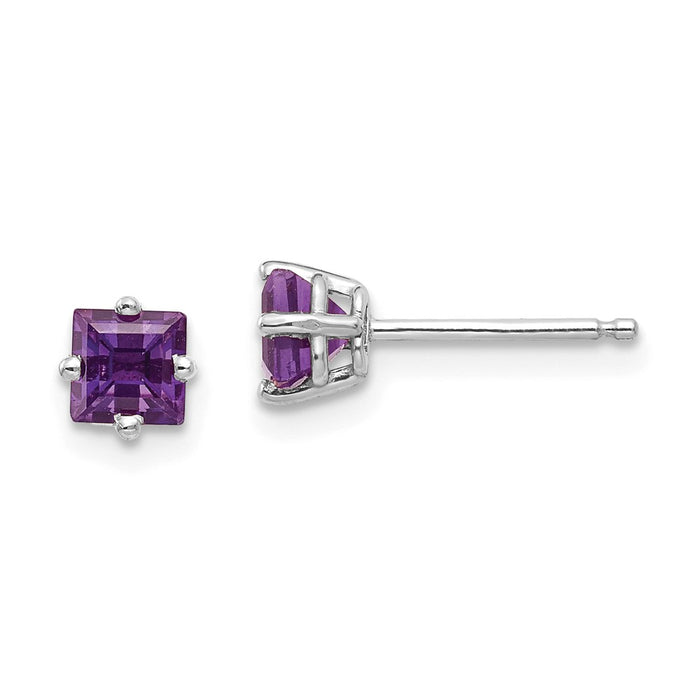 Million Charms 14k White Gold 4mm Princess Cut Amethyst Earrings, 4mm x 4mm