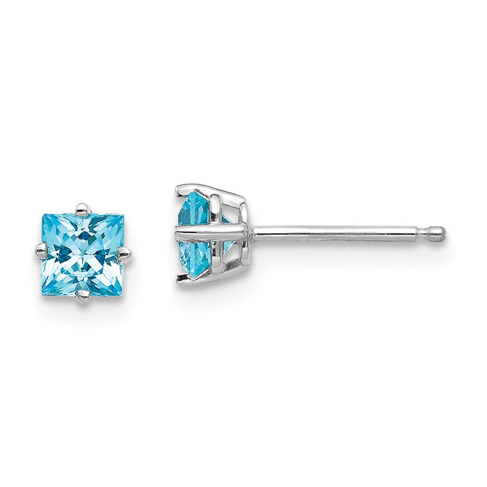 Million Charms 14k White Gold 4mm Princess Cut Blue Topaz Earrings, 4mm x 4mm