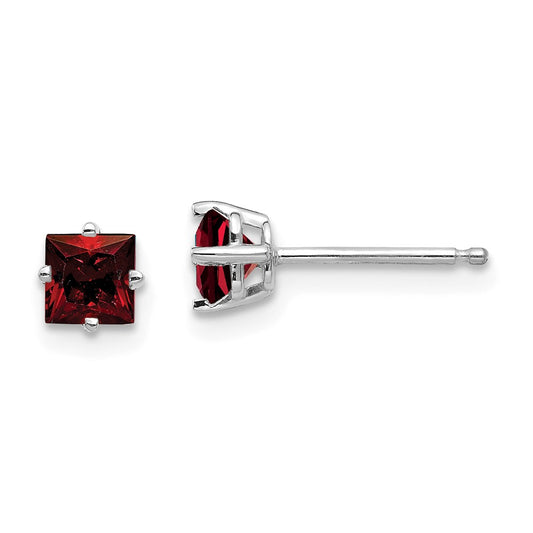 Million Charms 14k White Gold 4mm Princess Cut Garnet Earrings, 4mm x 4mm