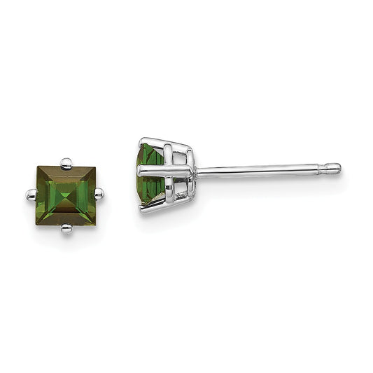 Million Charms 14k White Gold Green Tourmaline Earrings, 5mm x 5mm