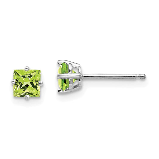 Million Charms 14k White Gold 4mm Square Step Cut Peridot Earrings, 4mm x 4mm