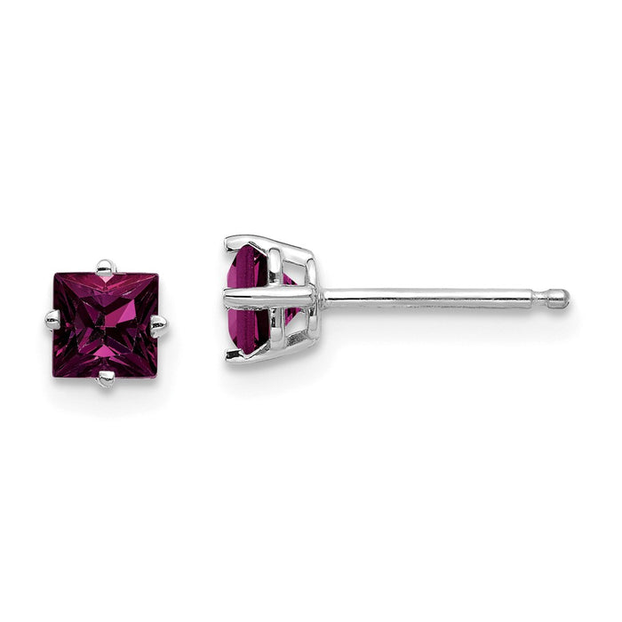 Million Charms 14k White Gold 4mm Princess Cut Rhodolite Garnet Earrings, 4mm x 4mm