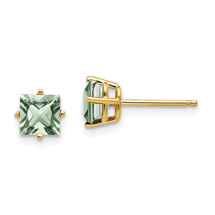 Million Charms 14k Yellow Gold 5mm Square Green Quartz Earring, 6mm x 6mm