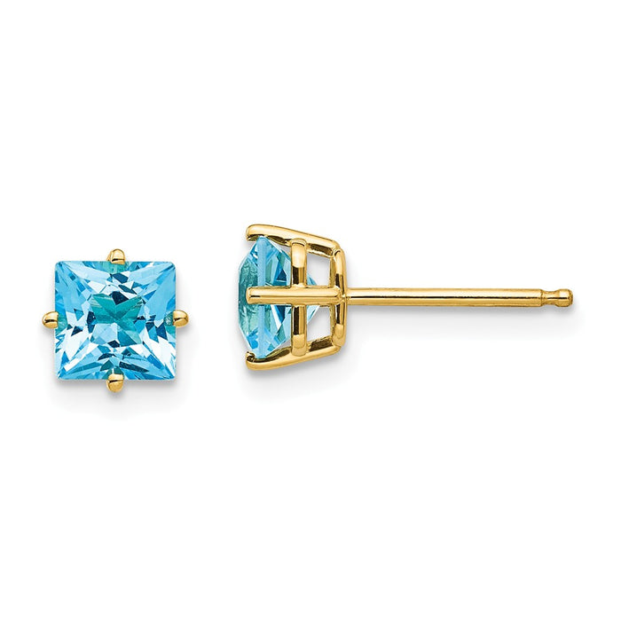 Million Charms 14k Yellow Gold 5mm Princess Cut Blue Topaz Earrings, 6mm x 6mm