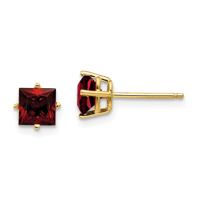 Million Charms 14k Yellow Gold 5mm Princess Cut Garnet Earrings, 6mm x 6mm