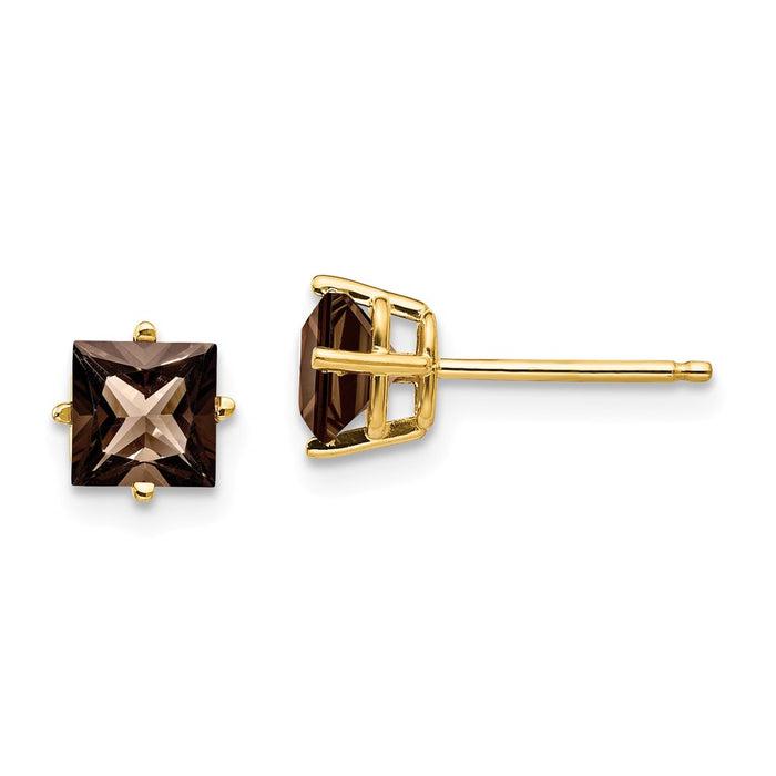 Million Charms 14k Yellow Gold 5mm Square Smoky Quartz Earrings, 6mm x 6mm