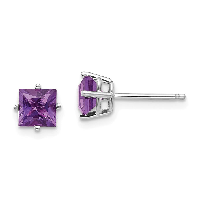 Million Charms 14k White Gold 5mm Princess Cut Amethyst Earrings, 5mm x 5mm