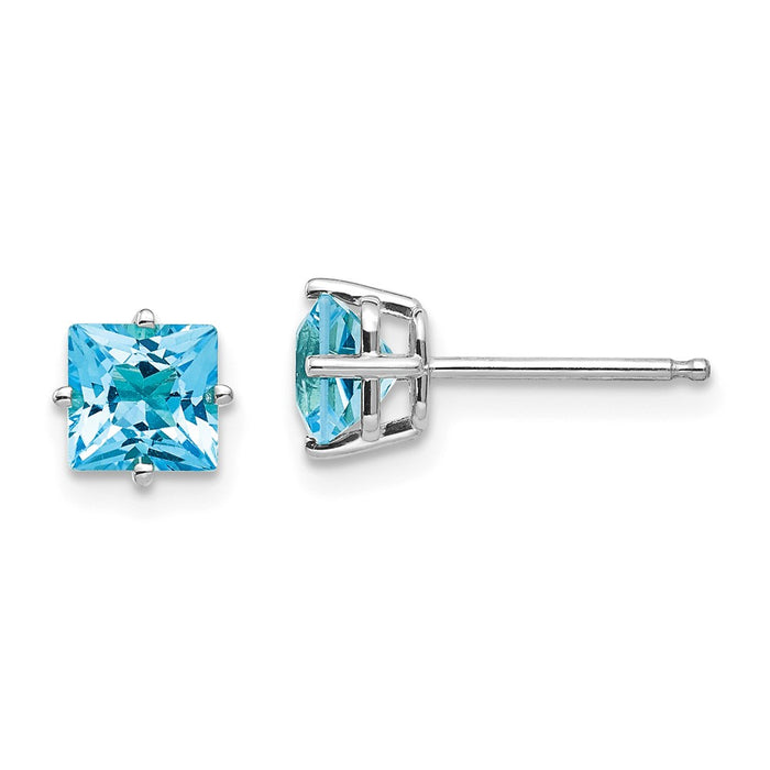 Million Charms 14k White Gold 5mm Princess Cut Blue Topaz Earrings, 5mm x 5mm