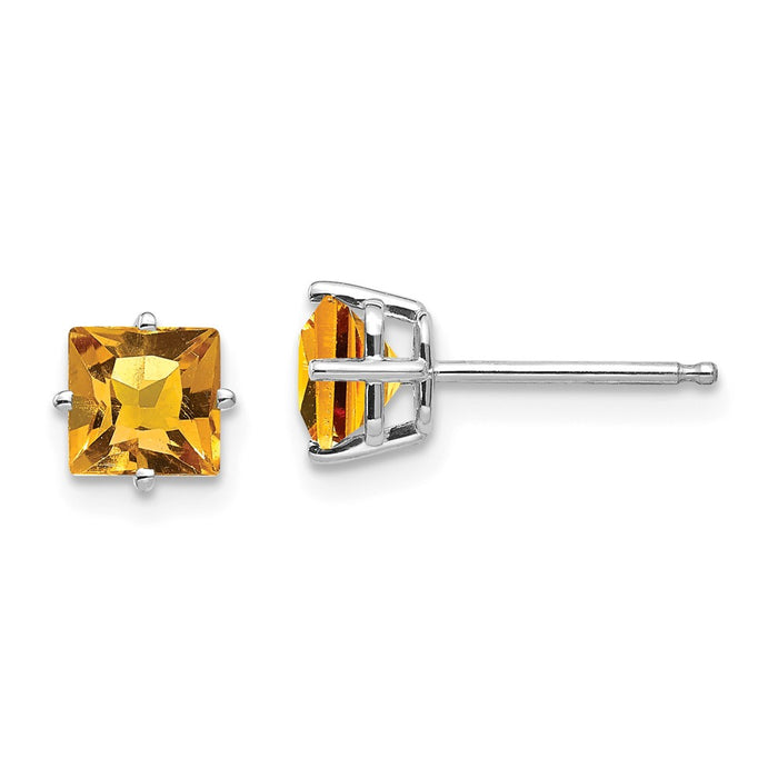 Million Charms 14k White Gold 5mm Princess Cut Citrine Earrings, 5mm x 5mm