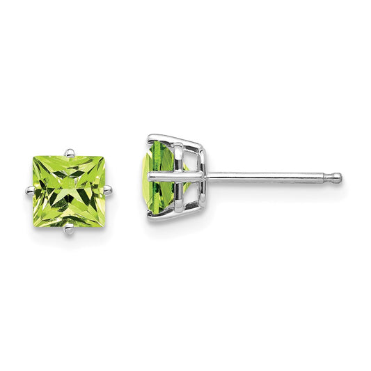 Million Charms 14k White Gold 5mm Square Step Cut Peridot Earrings, 5mm x 5mm