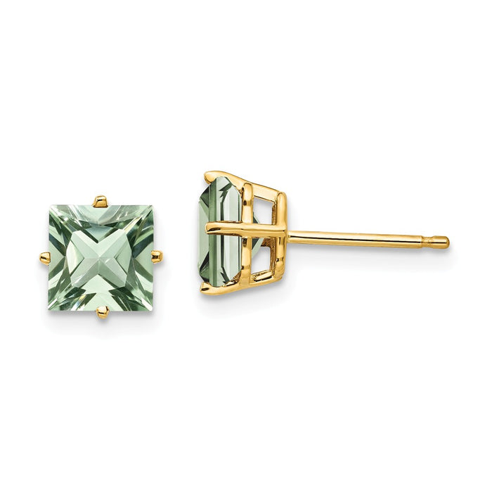 Million Charms 14k Yellow Gold 6mm Square Green Quartz Earrings, 7mm x 7mm