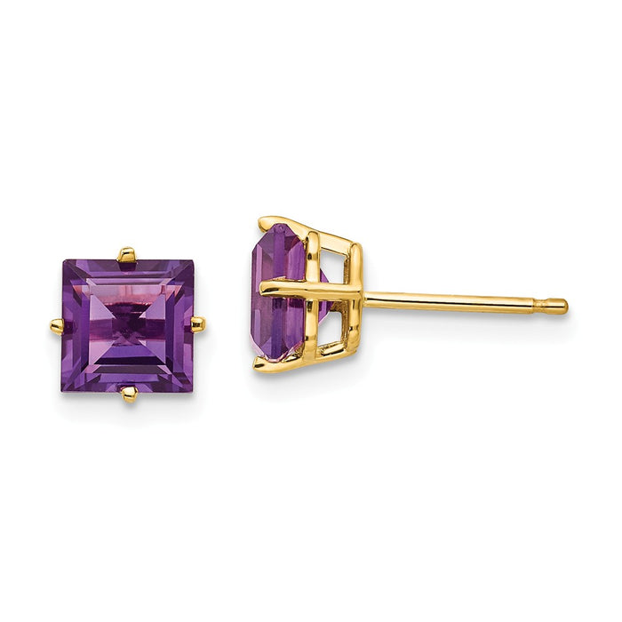 Million Charms 14k Yellow Gold 6mm Princess Cut Amethyst Earrings, 7mm x 7mm