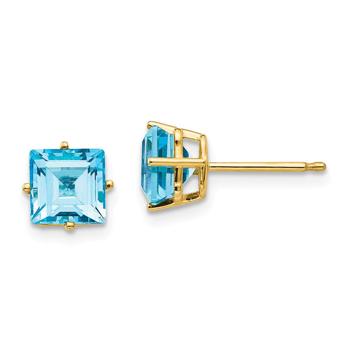 Million Charms 14k Yellow Gold 6mm Princess Cut Blue Topaz Earrings, 7mm x 7mm