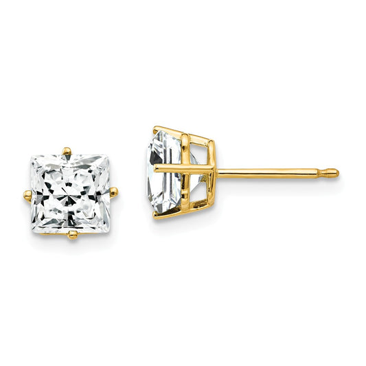 Million Charms 14k Yellow Gold 6mm Princess Cut Cubic Zirconia Earrings, 7mm x 7mm