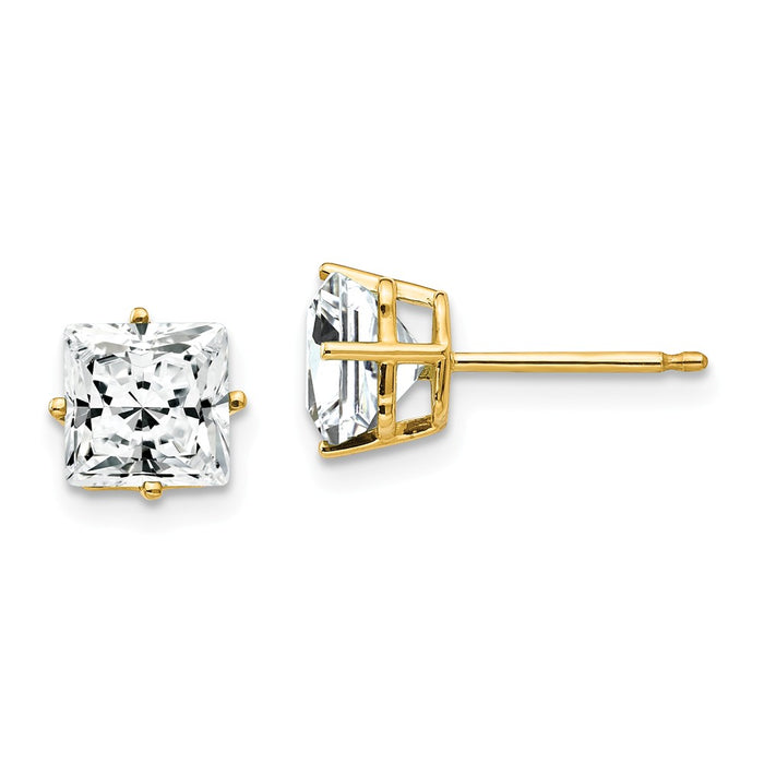Million Charms 14k Yellow Gold 6mm Princess Cut Cubic Zirconia Earrings, 7mm x 7mm