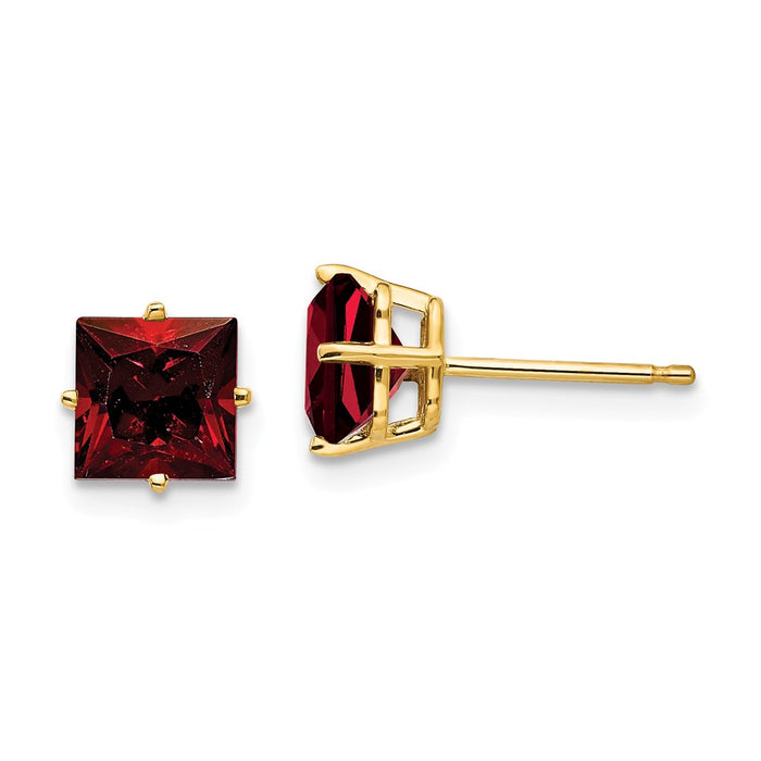 Million Charms 14k Yellow Gold 6mm Princess Cut Garnet Earrings, 7mm x 7mm