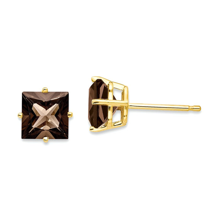 Million Charms 14k Yellow Gold 6mm Square Smoky Quartz Earrings, 7mm x 7mm