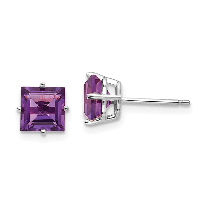 Million Charms 14k White Gold 6mm Princess Cut Amethyst Earrings, 6mm x 6mm