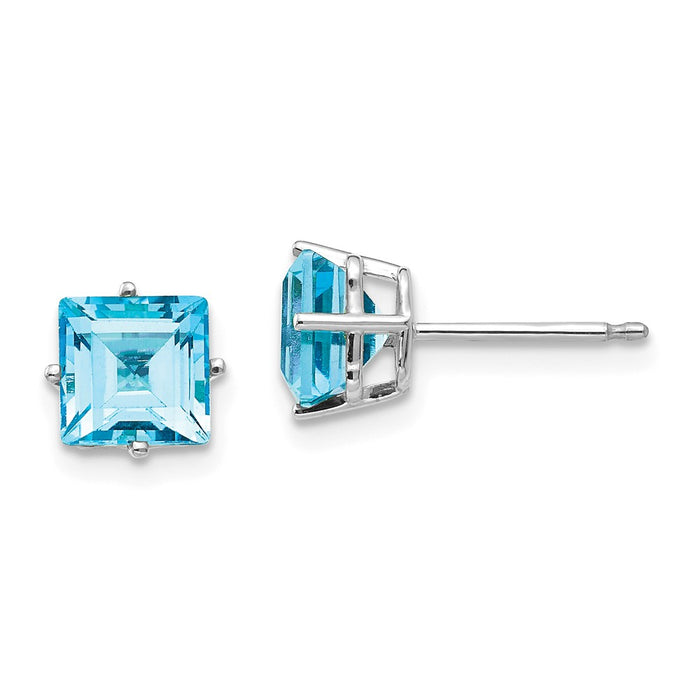 Million Charms 14k White Gold 6mm Princess Cut Blue Topaz Earrings, 6mm x 6mm