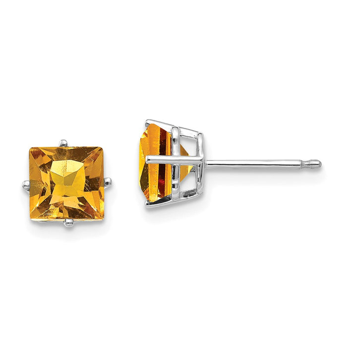 Million Charms 14k White Gold 6mm Princess Cut Citrine Earrings, 6mm x 6mm