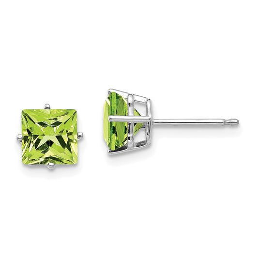 Million Charms 14k White Gold 6mm Square Step Cut Peridot Earrings, 6mm x 6mm