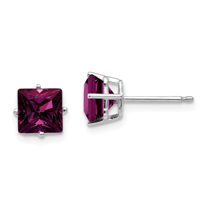 Million Charms 14k 6mm Rhodolite Garnet Princess Stud Earrings, 6mm x 6mm