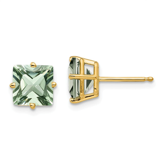 Million Charms 14k Yellow Gold 7mm Square Green Quartz Earrings, 8mm x 8mm