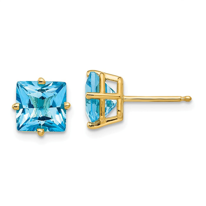 Million Charms 14k Yellow Gold 7mm Princess Cut Blue Topaz Earrings, 8mm x 8mm