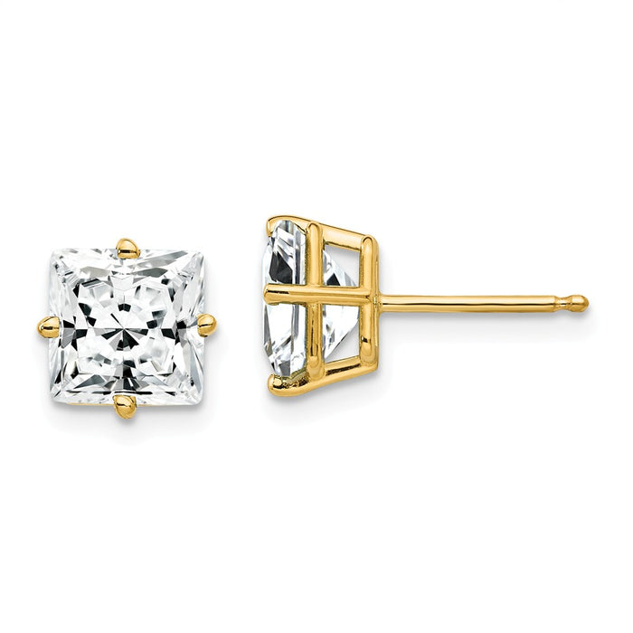Million Charms 14k Yellow Gold 7mm Princess Cut Cubic Zirconia earring, 8mm x 8mm